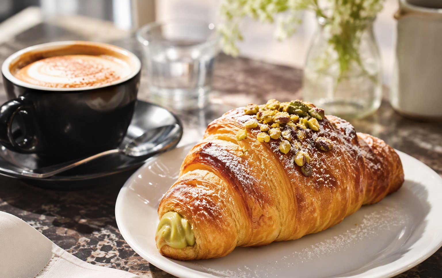 Cornetto al pistacchio con cappuccino